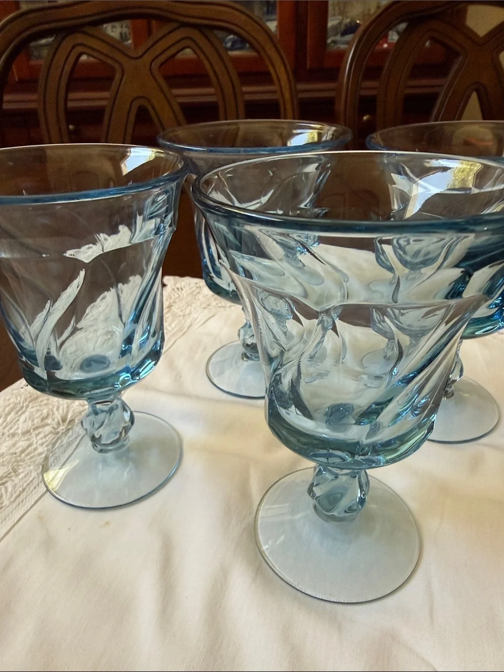 Vintage set of 4 Fostoria Jamestown Blue Stemmed soda sandae footed  Glass